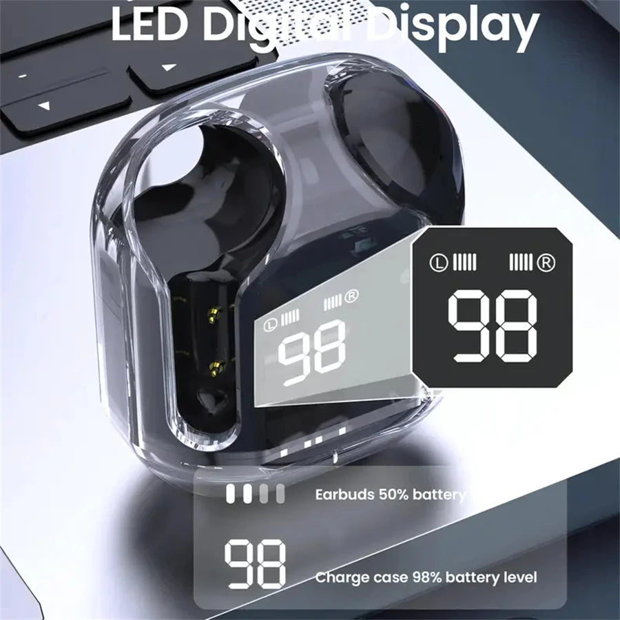 T2 Wireless Bluetooth Earphone Transparent HIFI Headphones LED Power Digital Display Stereo Sound Earphones for Phone